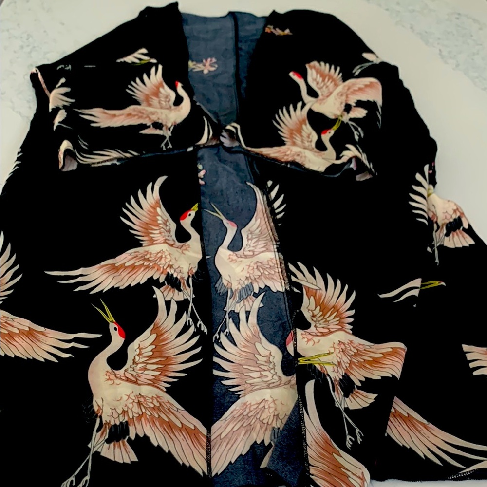 Elegant Black Kimono with Crane Design